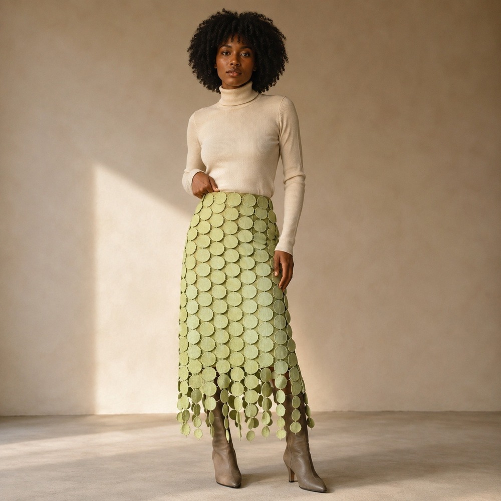Luxe Dress Circle Overlay Textured Midi Skirt Womens S Sage Green Fringe Hem